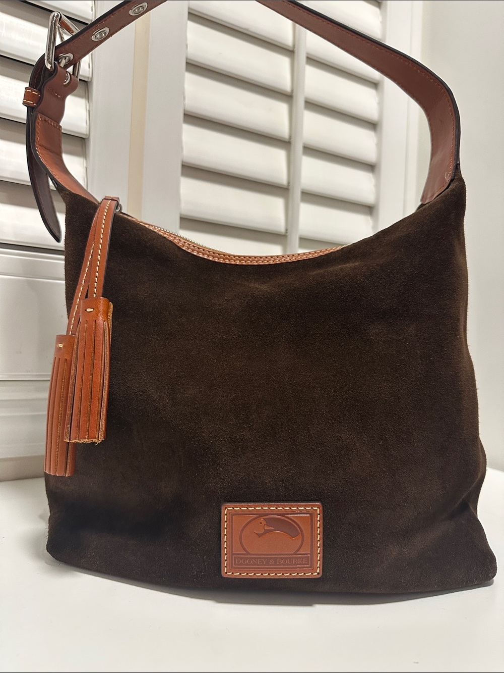 Dooney & Bourke Dark Brown Suede Paige Sac Hobo bag with tanTrim. Like new!